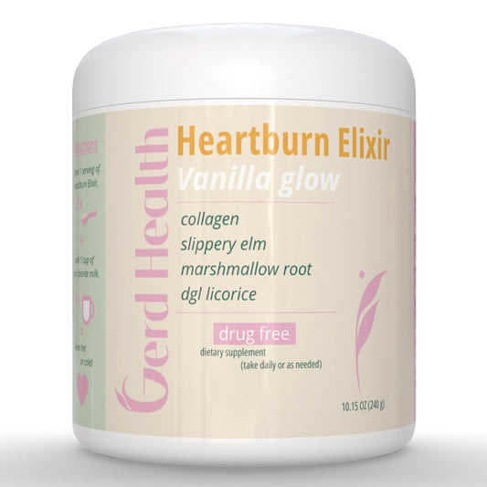 White jar with label titled "Heartburn Elixir: Vanilla Glow" by the brand GERD Health, featured ingredients include collagen, slippery elm, marshmallow root, dgl licorice. Drug free remedy to get rid of heartburn quickly. 
